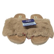 Dearfoams Womens Faux Fur Slide Slippers Latte Memory Foam 31065 Size M 7-8 NWT