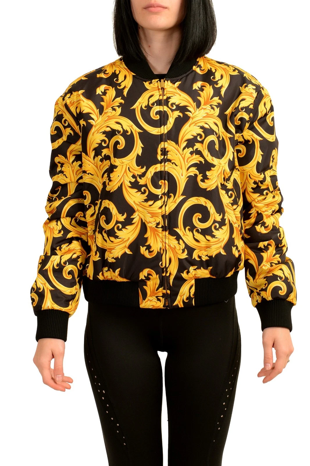 Versace — Versace Women's Black & Barocco Print Reversible Bomber Jacket US XL IT 46