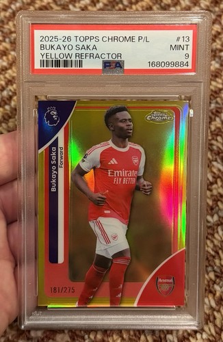 2025-26 TOPPS CHROME P/L #13 BUKAYO SAKA 181/275 YELLOW REFRACTOR PSA 9 MINT