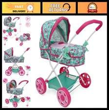 Mint Heart Daisy Doll Pram - Pink & Green Bassinet, Storage Basket, Canopy, Fold