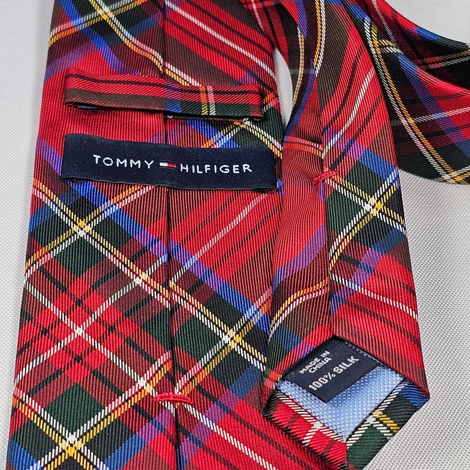 Tommy Hilfiger Hombre Tartán Cuadros Seda Corbata Rojo Verde Azul Clásico Navidad Foto 2 de 2