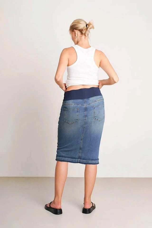 Mujeres Maternidad 27" Largo Falda Lápiz Elástica Denim Sin abertura Vin Wash #WG-77511 Foto 3 de 4