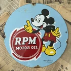 VINTAGE 1939 RPM MOTOR OIL DISNEY MICKEY MOUSE 8X12 INCHES PORCELAIN ENAMEL SIGN