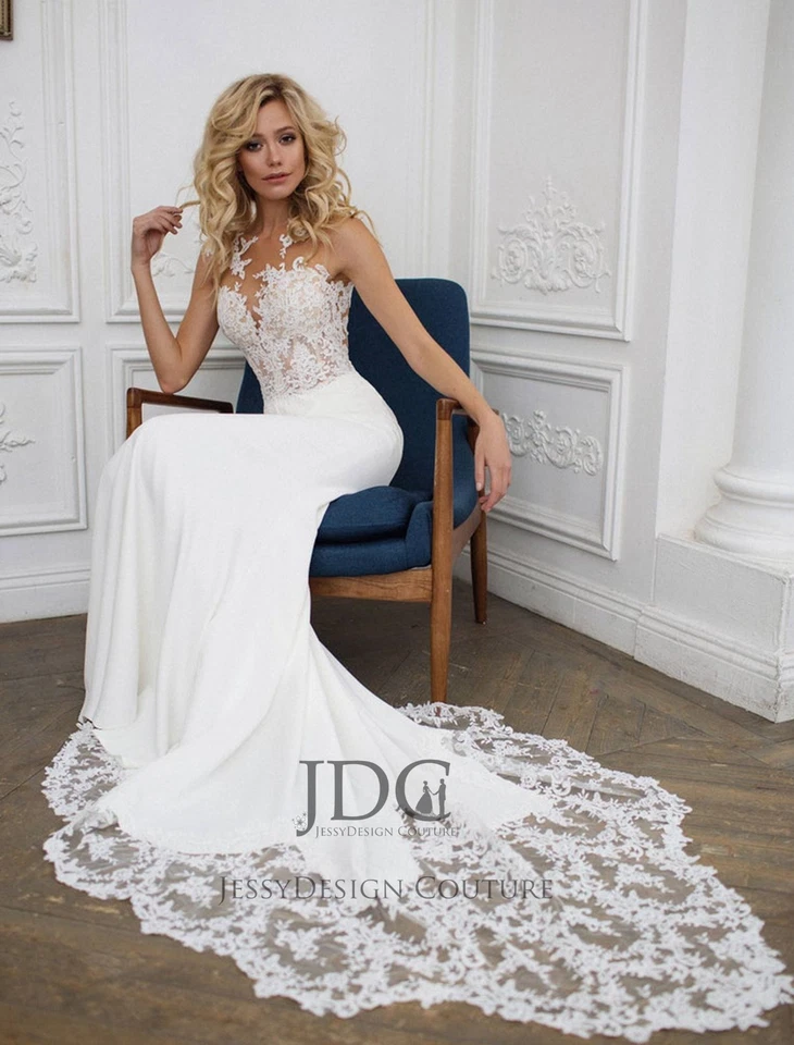 Fit Flare Crepe Meerjungfrau Spitze Brautkleid Hochzeitskleid cut-out Schleppe - Bild 3 von 4