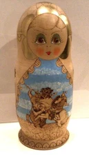 VTG. RUSSIAN MATRYOSHKA 10 NEST. DOLL"RUSSIAN FAIRYTALES" WOOD BURNED GOLD 1993