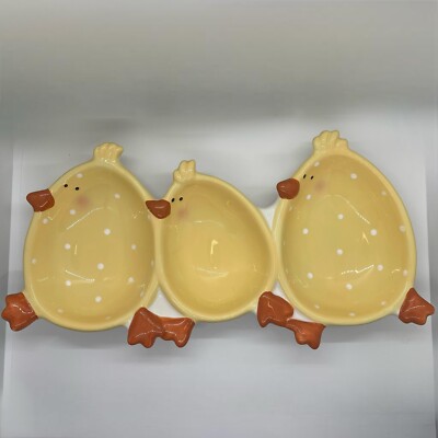 BLOSSOMS & BLOOMS 14 x7.5  Triple Three Serving Dish Ceramic Easter Chic Yellow