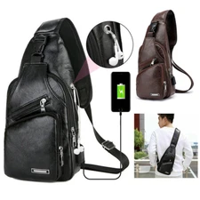 Men Leather Sling Bag Chest Shoulder Crossbody Backpack USB Charging Port Travel