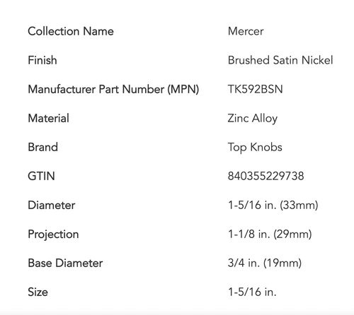 Top Knobs TK592BSN Mercer 1-5/16 '' Cabinet Knob Handle In Brushed Satin Nickel - Picture 2 of 2