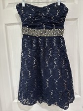 My Michelle Juniors SZ 7 Strapless Mini Party Dress Navy Sequin Bead Lace Lined