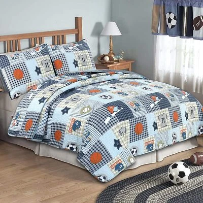 COZY LINE HOME FASHIONS Blue Sports Baseball Basketball Reversible Quilt Set, Bedspreads, Coverlet