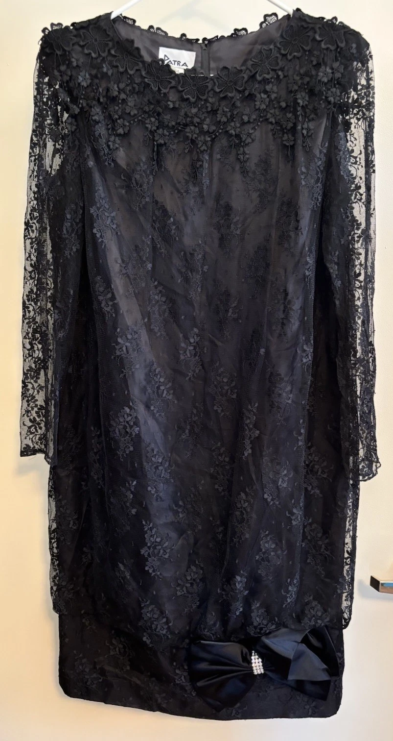 Vtg Patra Black Floral Lace Blouson Dress Band Hem Lg Bow W/Rhinestones Jr 7/8