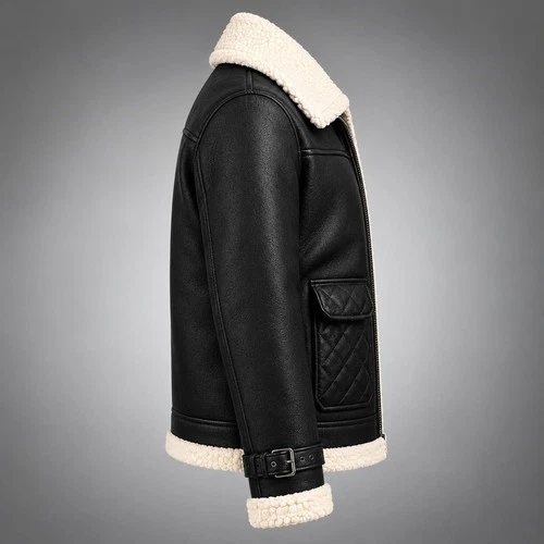 Men's Black RAF B3 Bomber Shearling Flying Aviator Real Sheepskin Leather Jacket image 3