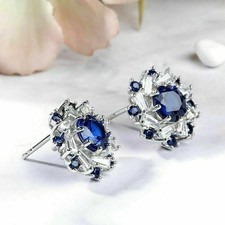 Halo Round Blue Sapphire 3Ct Lab Created Stud Earrings 14K White Gold Finish