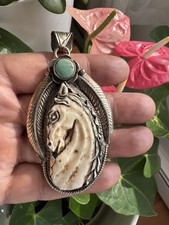 Hand Carved Bone Pendant,Horse Face Art,Floral Carving Back,Turquoise,Silver 32g