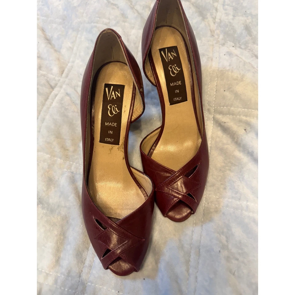 Van Eli Tacones de Cuero Borgoña Punta Abierta Detalle Recortado Hecho en Italia Talla 5 Foto 4 de 4