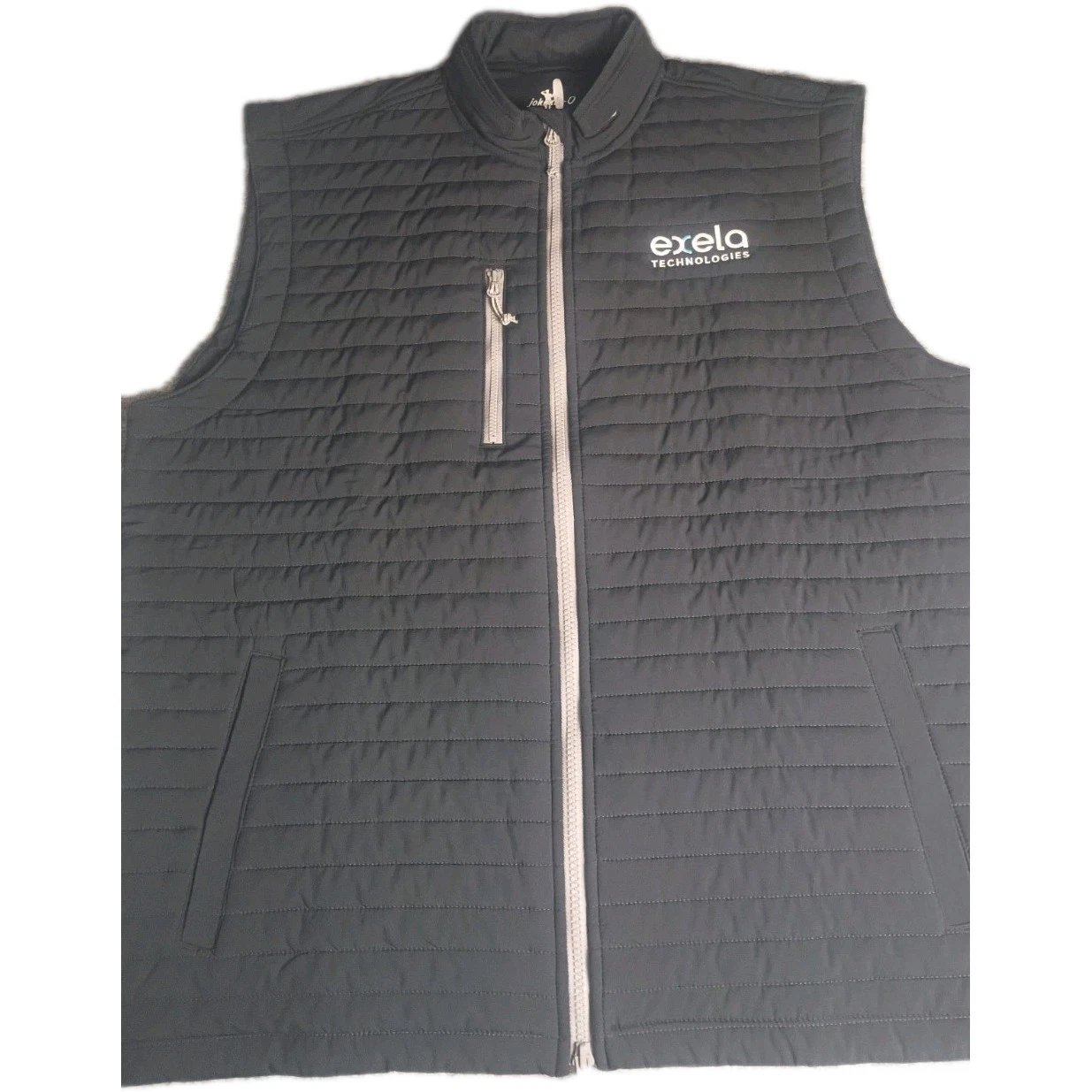 Johnnie-O Men’s Large Quilted Zip Vest Gray Exela Technologies Corporate Logo