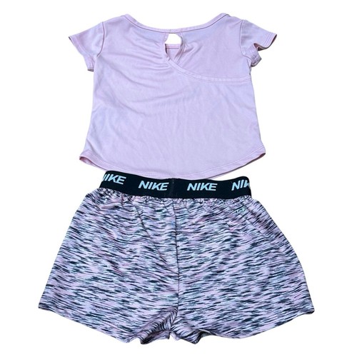 Nike Girls 24M Dri-FIT Heart Tee & Space-Dye Shorts Set Pink Black Activewear - Picture 2 of 16