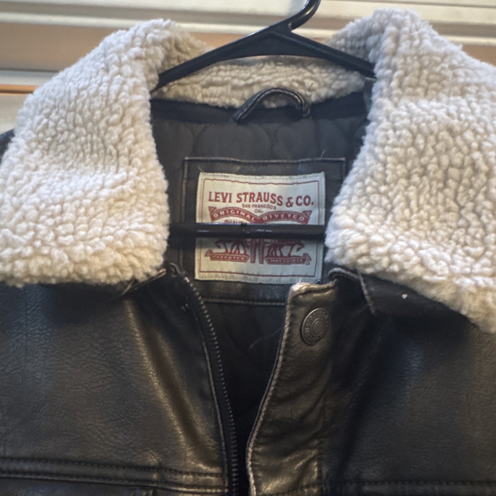 Levi's Sherpa Collar Hooded Biker Jacket Men Dark Brown Zip Button Size M thumbnail 4