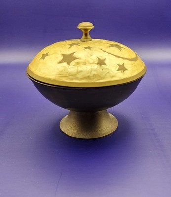 Beautiful Vintage Brass Lidded Trinket Box in  Moon & Sun Inlay Mystic Enamel