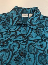 Chicos Turquoise  Black Button-Up Rayon Silk Blend Jacket - Size 1  U.S. 8
