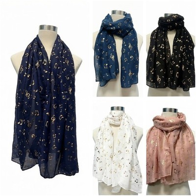 Damen Frauen lang foliert goldene Musik Noten Druck Muster Schal Schals Kette 