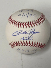 RARE PETE ROSE REDS 4192 9/11/85 and 4256 HIT KING STAT SIGNED AUTO BASEBALL LCK