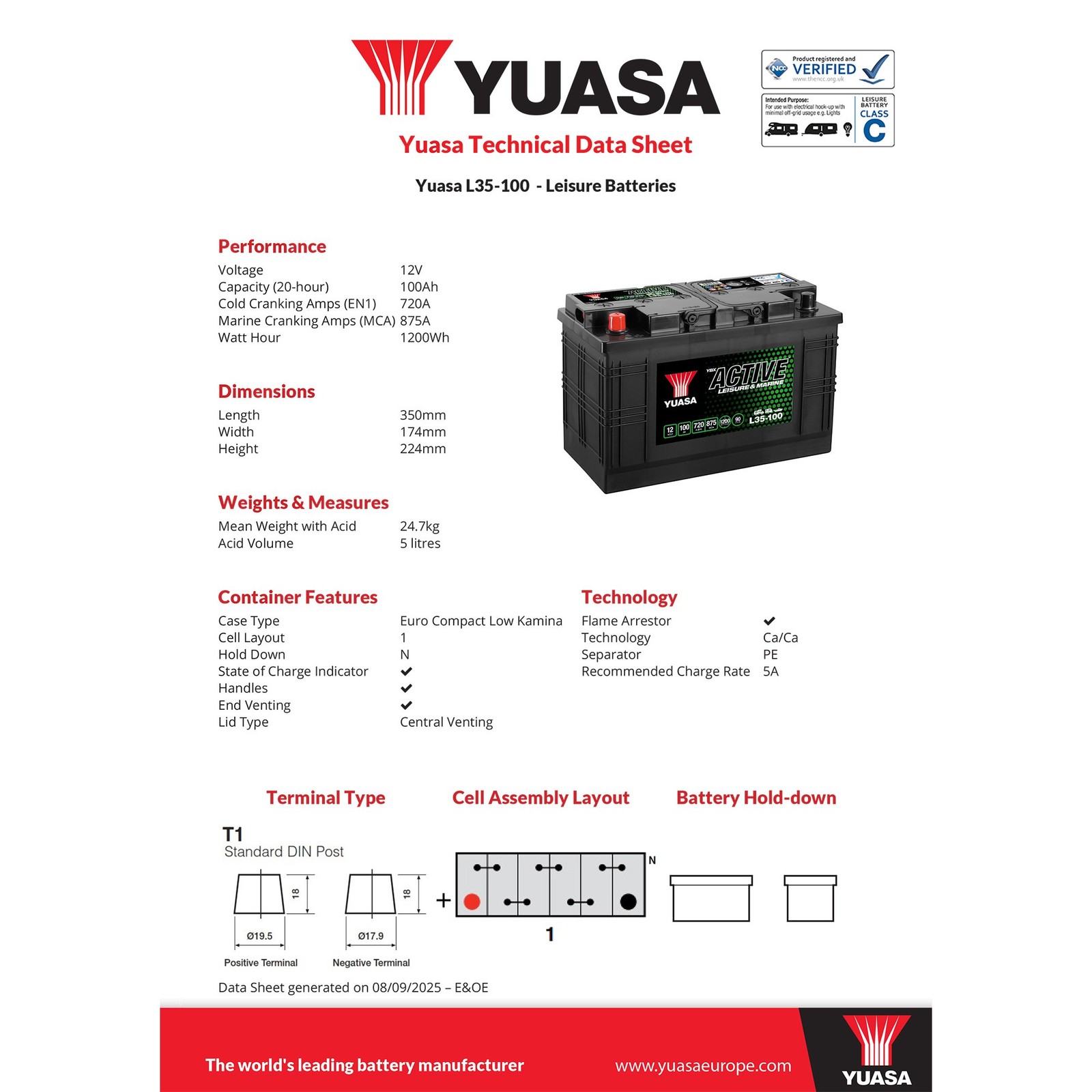 Toyota Land Cruiser 4x4 Dual Purpose Battery Yuasa Active L35-100 100Ah 3Yr