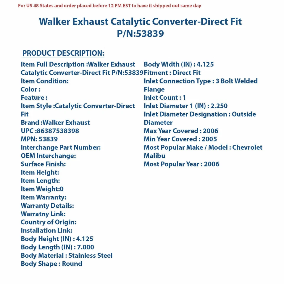 Convertidor catalítico de escape Walker - ajuste directo 53839 Foto 4 de 4
