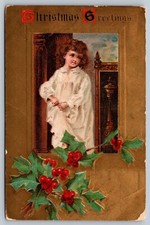 1910 Christmas Greetings Girl Child Holly Ber...
