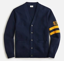 J Crew Men's L Heritage Cotton Cardigan Sweater Varsity Stripe Chain Stitching