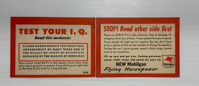 2 Vintage Mobilgas Mobil Gas IQ Test Pegasus Service Station Flying Horsepower