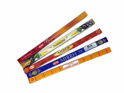 Lot de 5 boites d'encens : Ambre, Myrrhe, Benjoin, Oliban et Nag champa Goloka