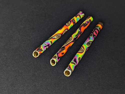 UV Portable Travel Straw, Brass Tube with Neon Rainbow Psychedelic Pattern. - Picture 4 of 7