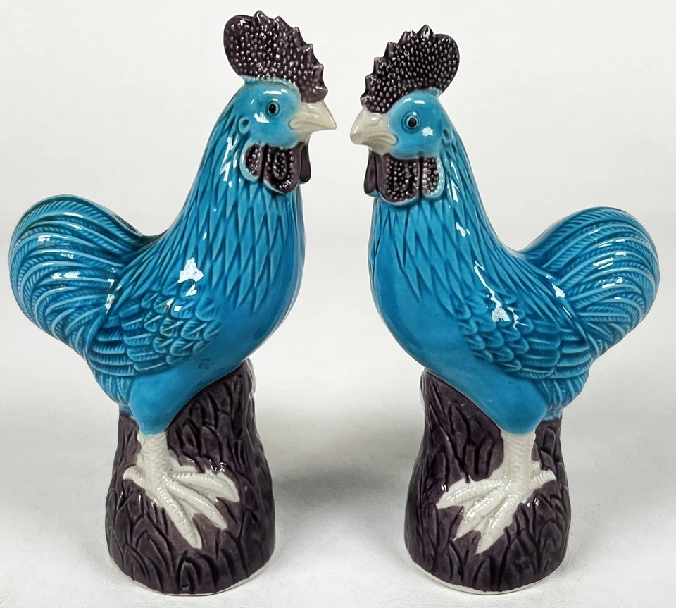 Par de figuras de gallo pollo gallo porcelana turquesa chino chinoiserie de 6" Foto 2 de 4