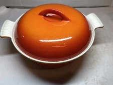 Vintage Descoware Cast Iron Enamel Dutch Oven Belgium 17-D 22 Flame Orange Round