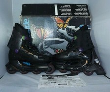 BRAVOBLADE WOMEN'S ROLLER BLADES, SIZE 25.5 7/7.5. BLACK W/ PURPLE  GREEN BOX