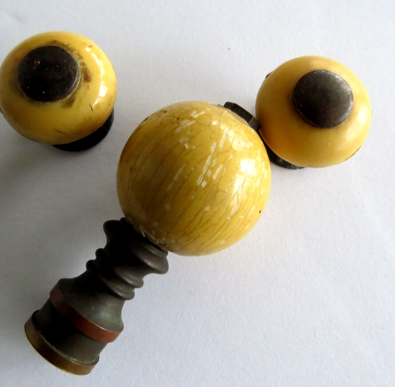 3 pc Maple Wood & Metal Round Ball Orb Knob small trinket drawer Antique USA