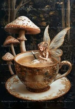 FAIRY IN COFFEE CUP ART PRINT, Breakfast Poster,  Book Decor E998