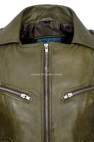 Veste femme en cuir vert olive cuir véritable veste supérieure décontractée douce 9823 - Photo 8/8