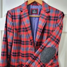 Madeleine Blazer Jacket Size 16 Red Tailored Plaid Check Elbow Patches Pockets