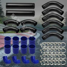 3.0" DIY Aluminum 12pc Black Turbo FMIC Piping Kit Blue Couplers +T-Bolt Clamps