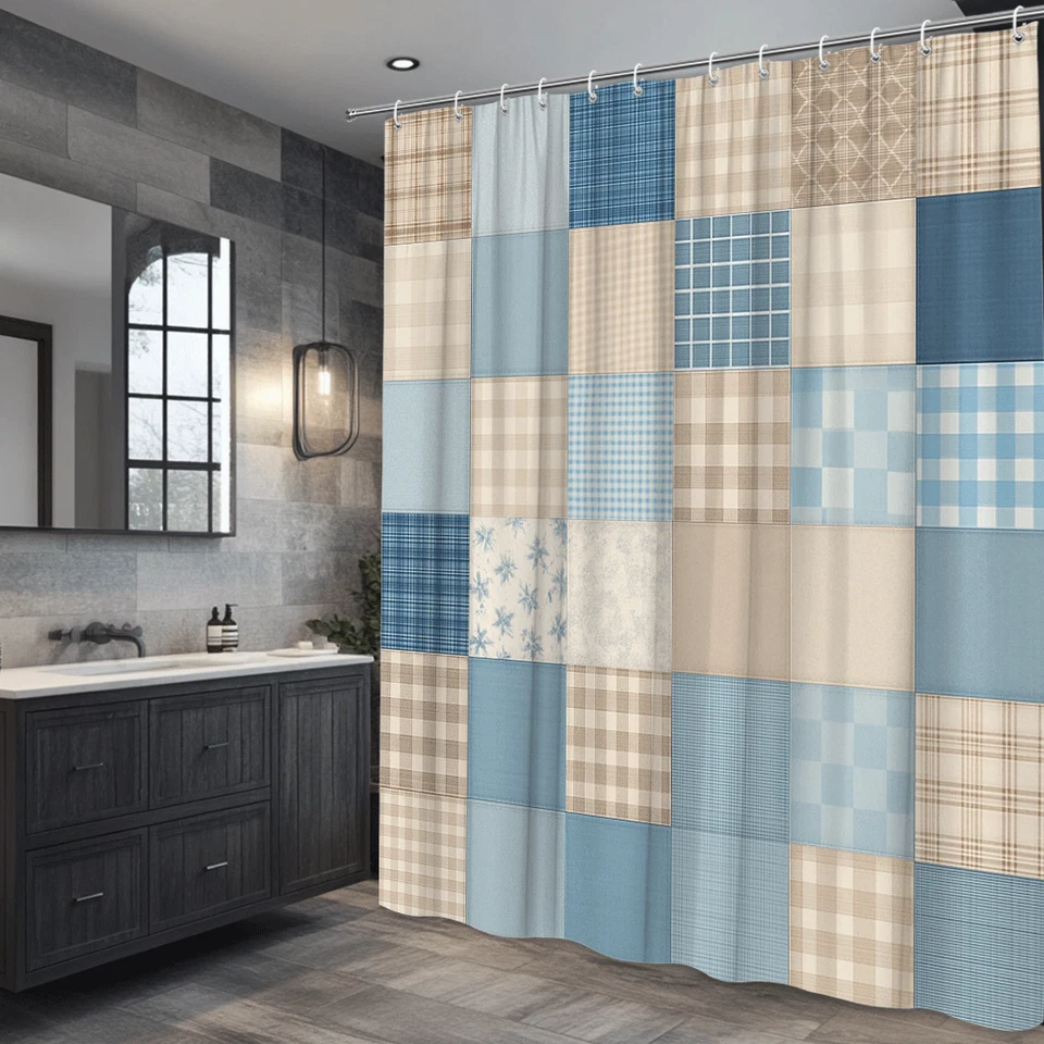 Cortina de ducha de tela de retazos azules - estilo granja Foto 4 de 4