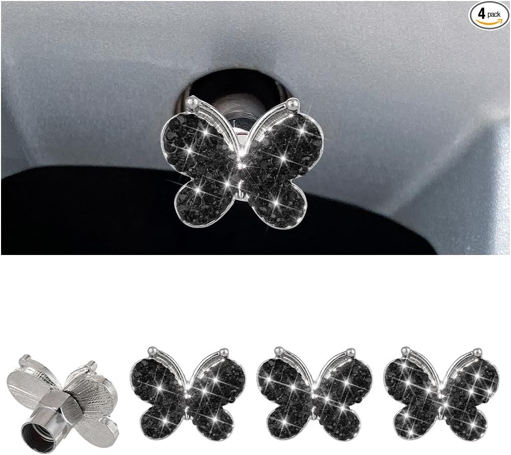 4PCS Butterfly Rhinestone Tire Valve Stem Caps, Diamond Dustproof Color: Black