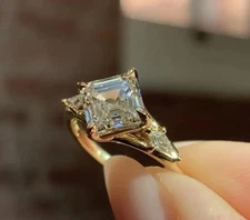 3 Ct Asscher-Cut Diamond Three-Stone Engagement Ring 14k Yellow Gold Plated