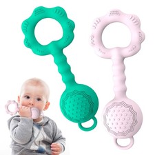 2 Pcs Baby Rattle Teether, 2-in-1 Rattle and Teether Toy for Soothing Sore Gu...