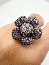 925 sterling silver purple clear rhinestone floral ring size 7