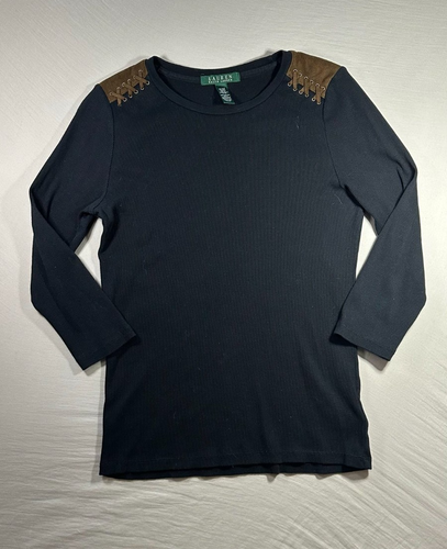 VTG Lauren Ralph Lauren Knit Top Lace-up Shoulder Women's M Black 100% Cotton - Afbeelding 1 van 16