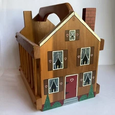 Hand Painted Solid Wood House Magazine Rack Holder Folk Art Vintage Spindles