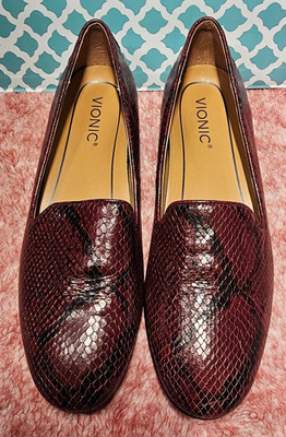 Vionic Women's Leather Snake Print Slip-On Loafer Flats Burgundy/Black US 9 NWOB