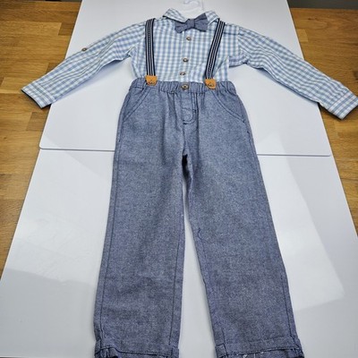 Little Lad Toddler Boy Blue Shirt Suspenders Pants and Bow Tie Set Size 3T